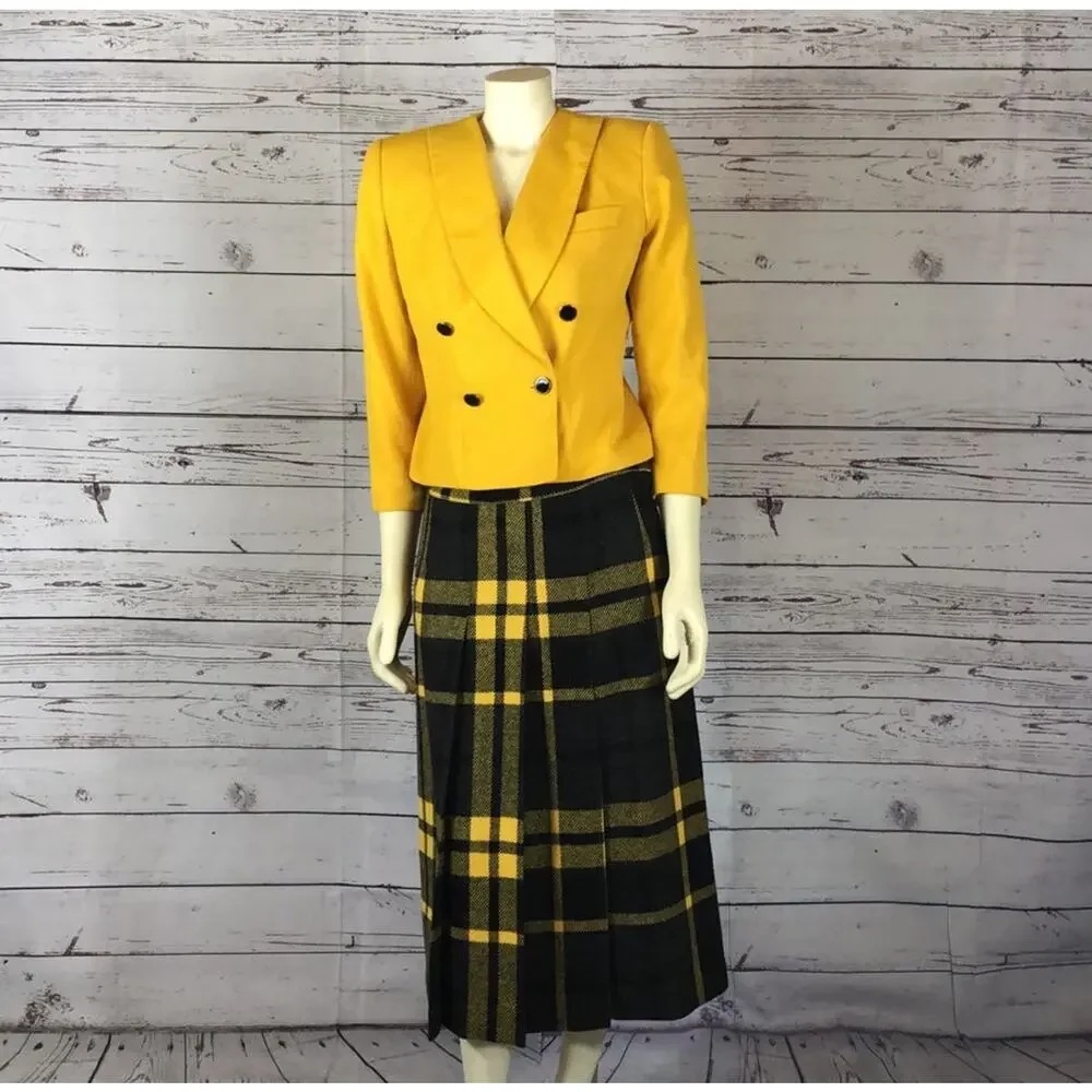 1970s Personal Plaid Wool Pleated Midi Skirt Size 12 w/ Pockets  medium